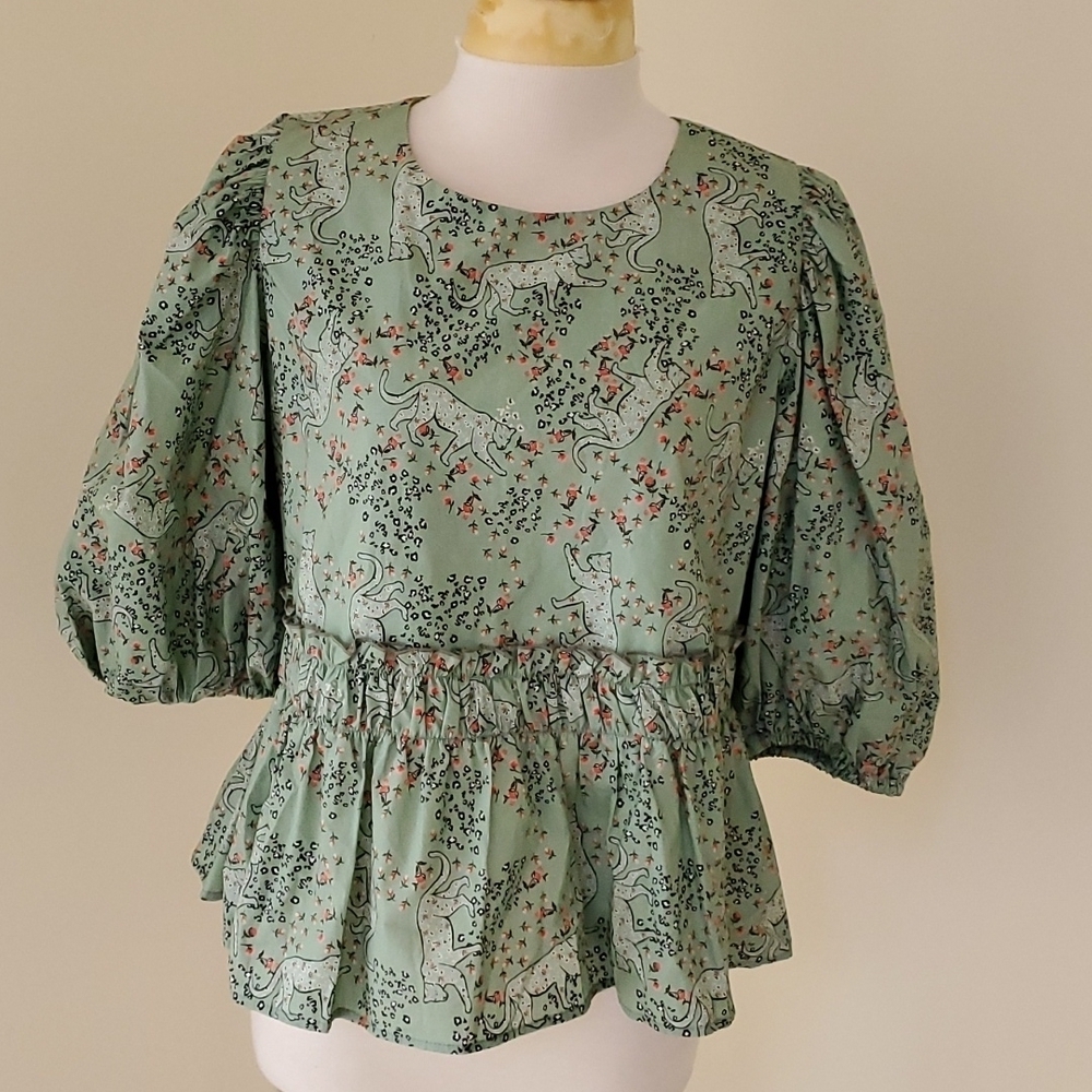 NWT! COREY LYNN CALTER Mist Leopard Print Peggy Size L Peplum Top